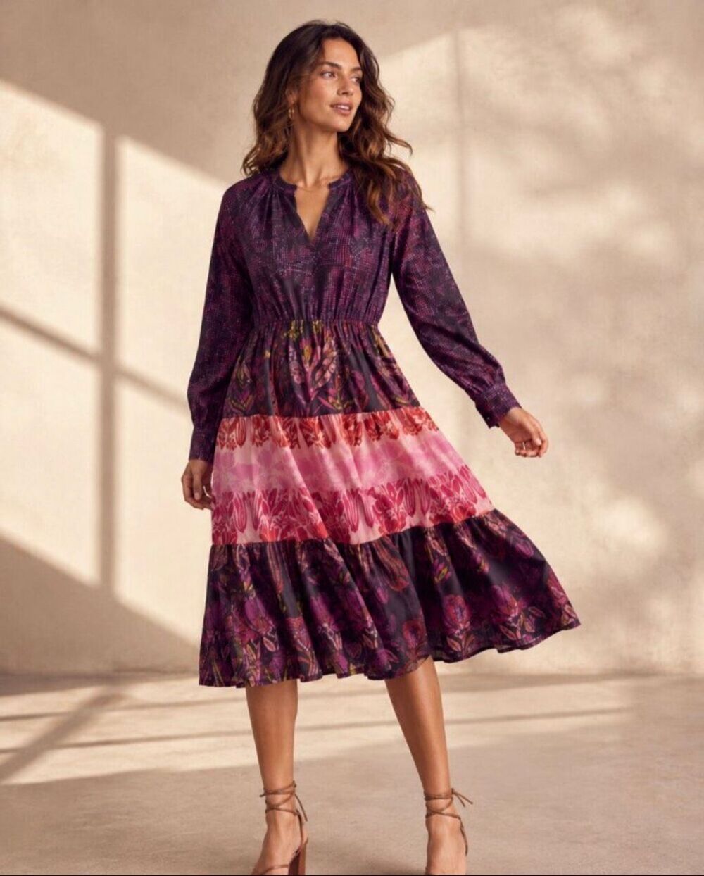 Roopa Pemmaraju Calla Tiered Midi Dress Size SP Floral Long Sleeve Boho Cottage